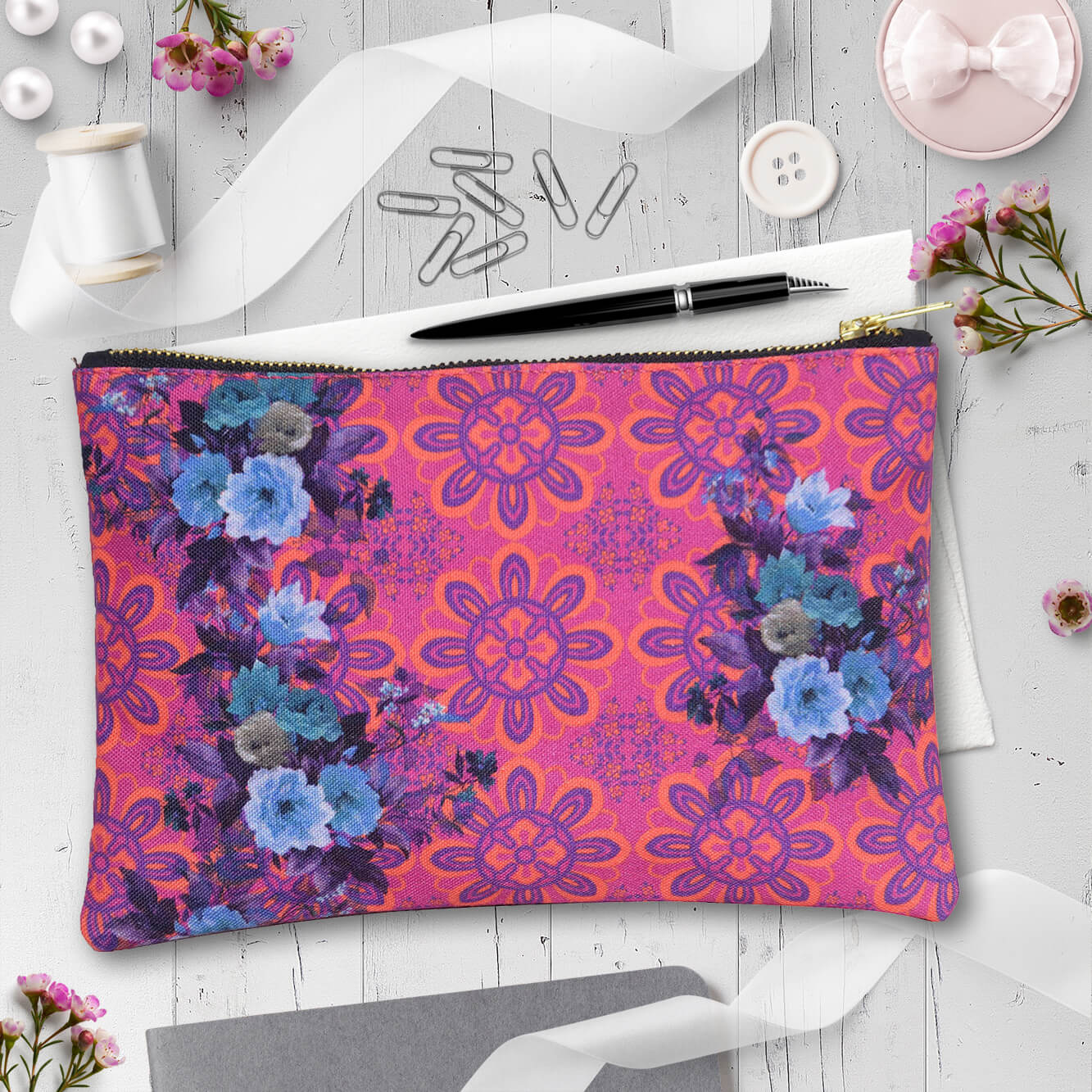 Pink and Blue Floral Utility Pouch